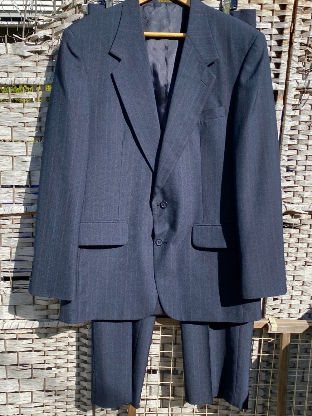 1980s Towncraft Two Piece Suit 42L 34W Navy Blue Pinstripe Vintage